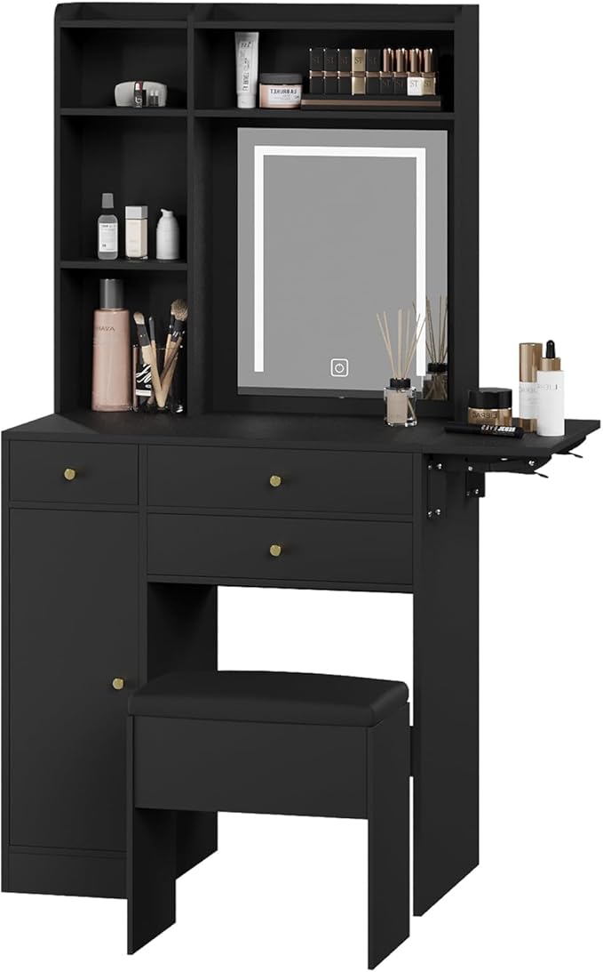 ARTETHYS Vanity Desk with Mirror and Lights Black Makeup Vanities Set with Storage Chair Dressing Table with Drawer and Fold-up Panel for Bedroom
