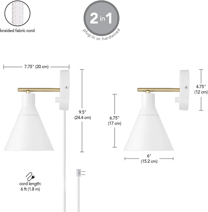 GLOBE Electric 65542 1-Light Plug-in or Hardwire Wall Sconce, Matte White, Brass Accent, Stepless Dimming Rotary Switch, Fabric Cord, Modern Lighting for Apartment or Renters, Home Decor