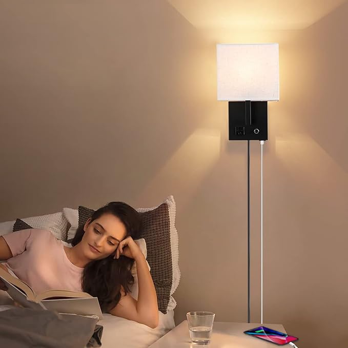 Plug in Wall Sconce, Bedside Wall lamp with Plug and dimmable Switch, with USB Charging Port and Socket, Suitable for Hotel, Corridor, Living Room and Bedroom Wall Light (Black)