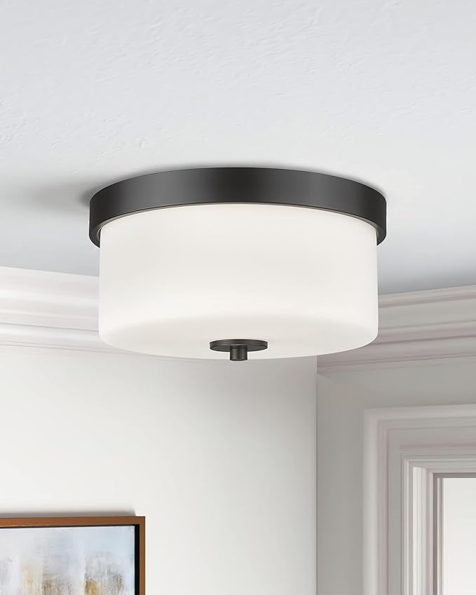 EMAK Black Modern Flush Mount Ceiling Light Fixture with Milk Glass, FM082-BK-ML
