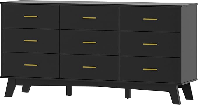 Dresser for Bedroom with 9-Drawer, 59" Wide Modern Chest of Drawers with Metal Handles, X-Shape Base & Adjustable Center Leg, Anti-Tip Closet Organizers and Storage