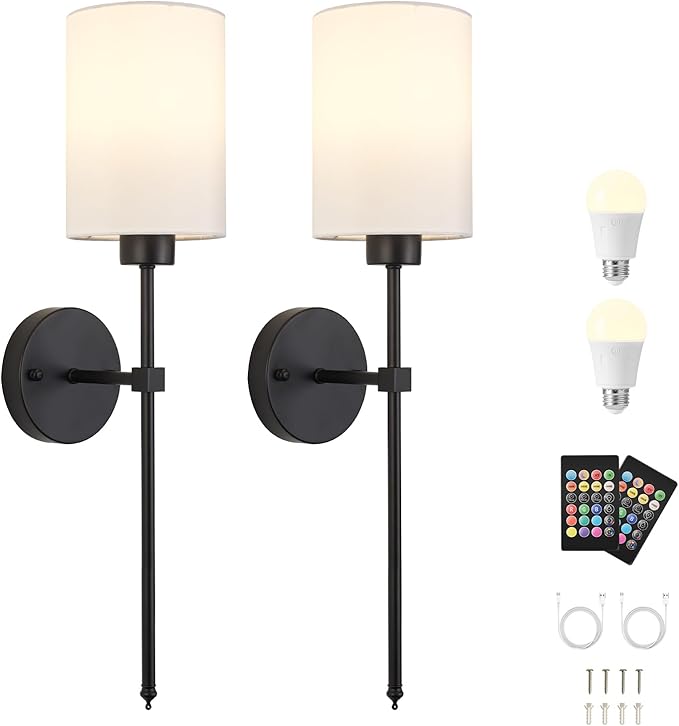 Battery Operated Wall Sconces Set of Two,Wireless Rechargeable Wall Light With Remote Control, Dimmable, 1800K/3000K/4000K/6000K/RGB, Timer, for Living Room, Bedroom, Fireplace, TV, 23.6 Inch Black