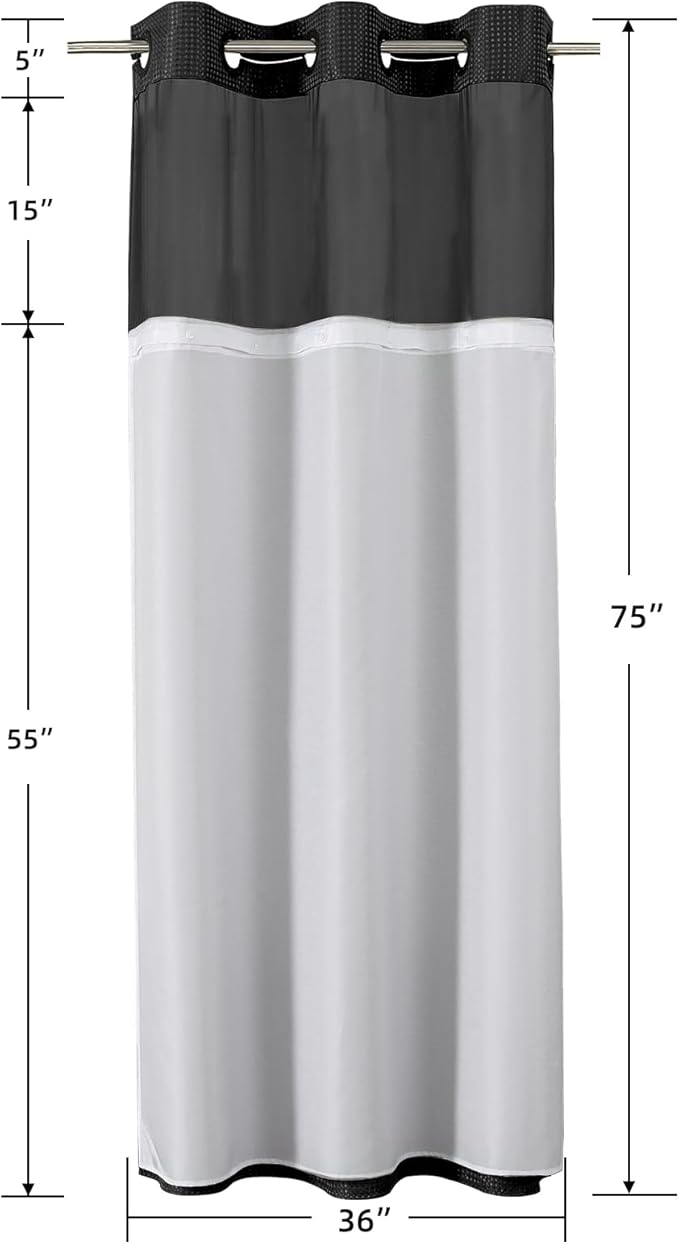 Colorful Star Small Stall Waffle Weave Shower Curtains, 256GSM Heavy Duty Shower Curtain with Snap in Fabric Liner, Hotel Style No Hook Waterproof Bathroom Curtain Set, 36 x 75 Inch, Black