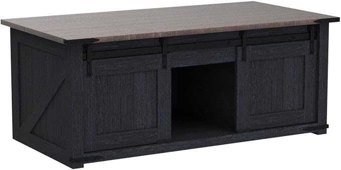 48" Lift Top Coffee Table, Farmhouse Cocktai with Sliding Groove Barn Door, Rustic Wood Center Table w/Double Storage Spaces for Living Room, Dark Grey