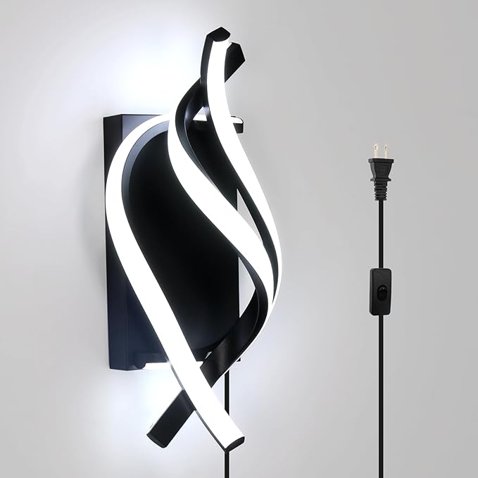 Modern LED Plug in Wall Sconce, 21W Black Indoor Wall Lights with Plug and Switch, Wall Lamps for Living Room, Bedroom, Hallway, Stairway, 6500K Wall Mounted Light