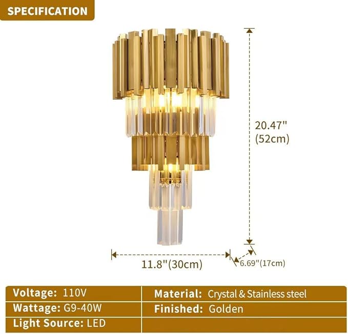WABON Modern Crystal Wall Sconce Lighting 3-Light Gold Wall Sconce Crystal Hallway Wall lamp for Living Room Antique Gold