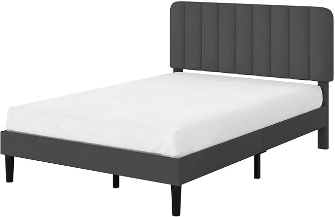 VECELO Full Size Bed Frame with Upholstered Headboard, Velvet Platform Bedframe Mattress Foundation, Strong Wood Slat Support, No Box Spring Needed,Grey