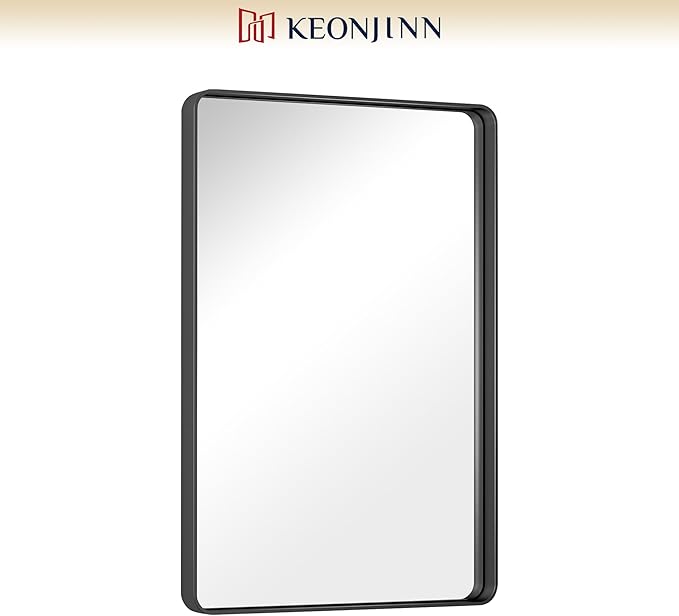 Keonjinn Black Bathroom Mirror, 20 x 30 Inch Rounded Rectangle Matte Black Bathroom Mirrors for Over Sink, Farmhouse Mirror with Seamless Frame, HD Tempered Glass Vanity Mirror(Horizontal/Vertical)