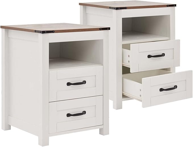 Farmhouse Night Stand, Rustic White Nightstand for Bedroom, End Tables Without Charging Station, Bedside Table with Drawers, Wood Bedside Cabinet Dresser