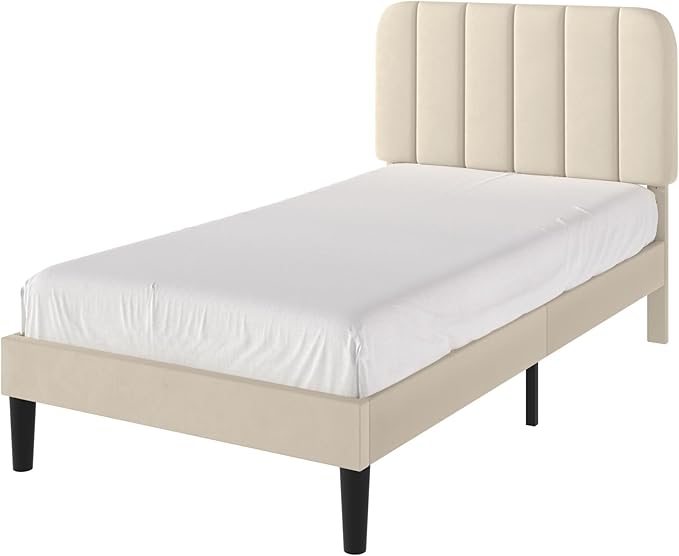 VECELO Twin Size Bed Frame with Upholstered Headboard, Velvet Platform Bedframe Mattress Foundation, Strong Wood Slat Support, No Box Spring Needed,Velvet Beige