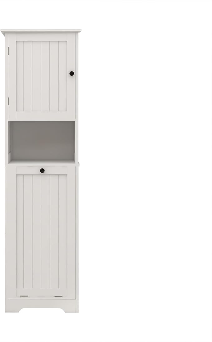 Tilt Out Laundry Hamper Cabinet, 55" Tall Bathroom Storage Cabinet Laundry Cabinet with Shelves and Clothes Basket, Hamper Cabinet Shelf for Laundry Room Bathroom Organizer, White