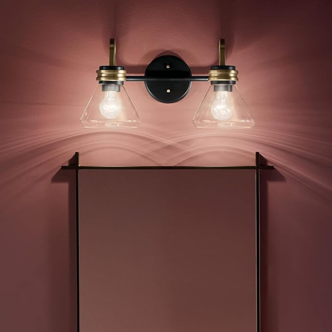 Kichler Farum 19.25" 2-Light Vanity Light with Clear Glass in Black, for Vanity, Jack & Jill Layout, Over a Mirror (19.25" W x 9.5" H), 55154BKCLR