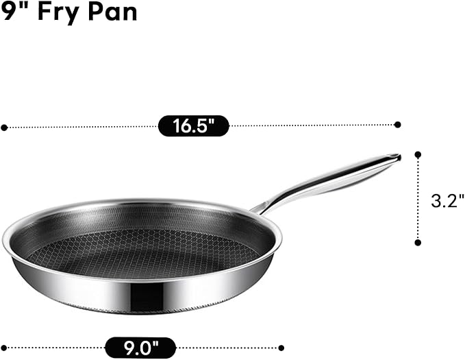 9-Inch Non Stick Frying Pans, Stainless Steel Skillet with Honey Design, Non Toxic Frying Pan with Cool-Touch Handle, Dishwasher Safe, Easy Use in the Kitchen