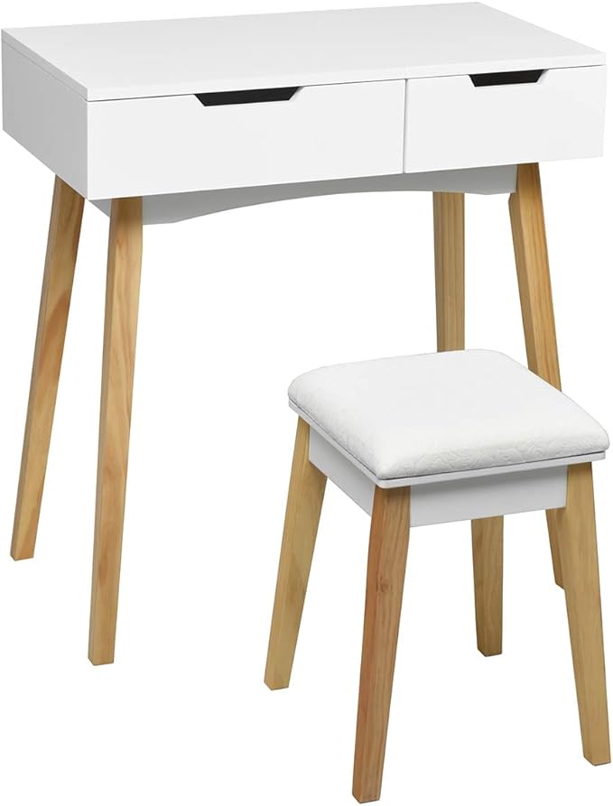 CHARMAID Vanity Table with Flip Top Mirror and Stool, Wooden Makeup Table Writing Desk with Drawer, Storage Compartment, Bedroom White Dressing Vanity Set for Kids Girls Women, Easy Assembly