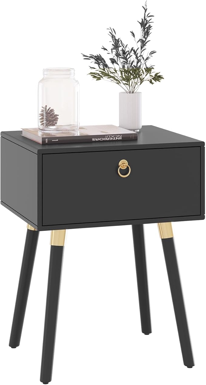 Bme Alden Wood Nightstand, Solid Wood End Table, Mid Century Modern Nightstand, Side Table with 1 Drawer, Compact for Bedroom, Living Room & Study Room, Easy Assembly, Black