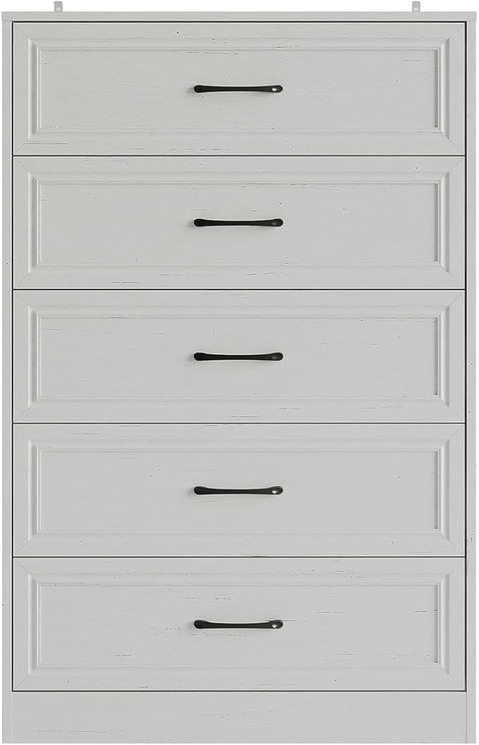 Fameill Dresser for Bedroom, 5 Drawer Tall Dresser Organizer, TV Stand for Livingroom, Chest of Drawers with Metal Handles, Woodgrain White