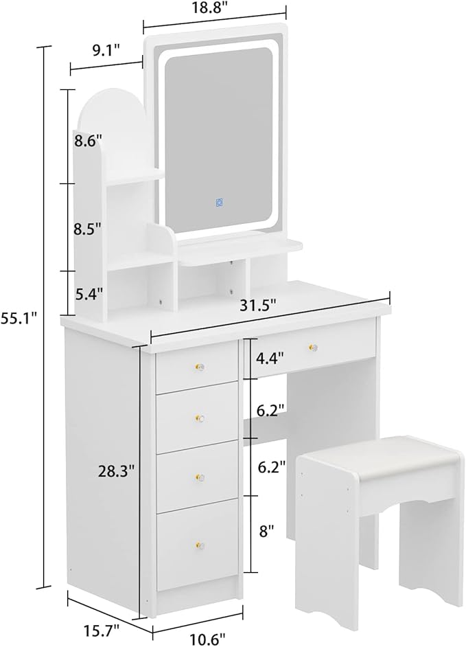 ECACAD Vanity Desk, Vanity Table Set with LED Lighted Mirror, Makeup Vanity Dressing Table with Drawers, Storage Shelves, Crystal Handles and Cushioned Stool, White