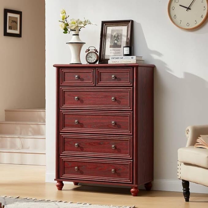 Farmhouse 6 Drawer Dresser Set of 2, Red Oak Chest of Drawers, 43.5" Tall Dressers for Bedroom with Roman Column and Metal Handles, Rustic Wood Storage Organizer for Living Room, Hallway, Closet