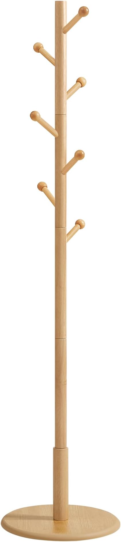 VASAGLE Solid Wood Coat Rack, Free Standing Hall Coat Tree with 7 Hooks, 3 Height Options, for Coats, Hats, Bags, Purses, for Entryway, Hallway, Rubberwood Hooks and Pole, Natural Beige URCR007N01