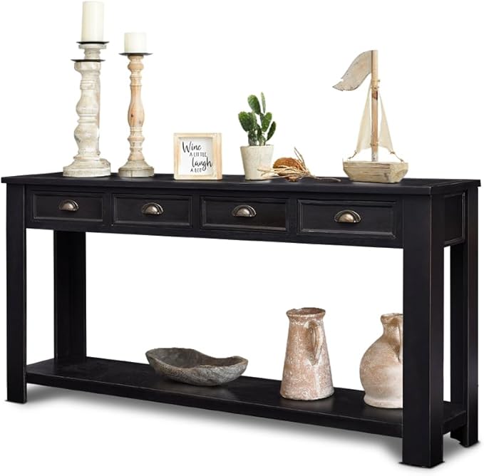 Console Table for Entryway, 60 Inch Sofa Table Narrow Long Hallway Table, ConsoleTable w/4 Drawers and Bottom Shelf for Living Room Entryway Home,Kitchen Counter,Black
