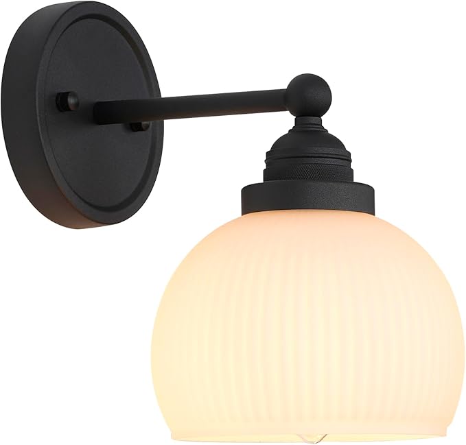 Vintage Wall Sconce 1-Light with White Striped Glass Globe Shade, Indoor Wall Mounted Lamp Fixture for Living Room Bedroom Kitchen Hallway