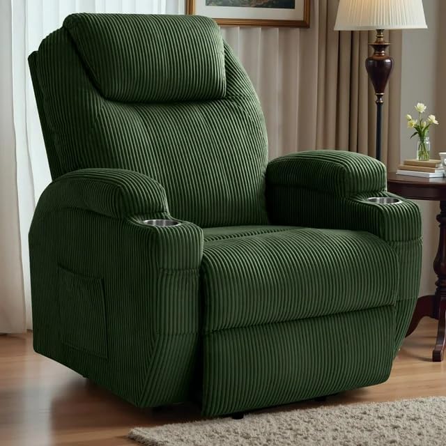 Electric Power Lift Recliner Chair with Massage for Elderly Corduroy Fabric Recliner Single Sofa with Cup Holders, Side Pockets and Remote Control for Living Room Bedroom (Green)