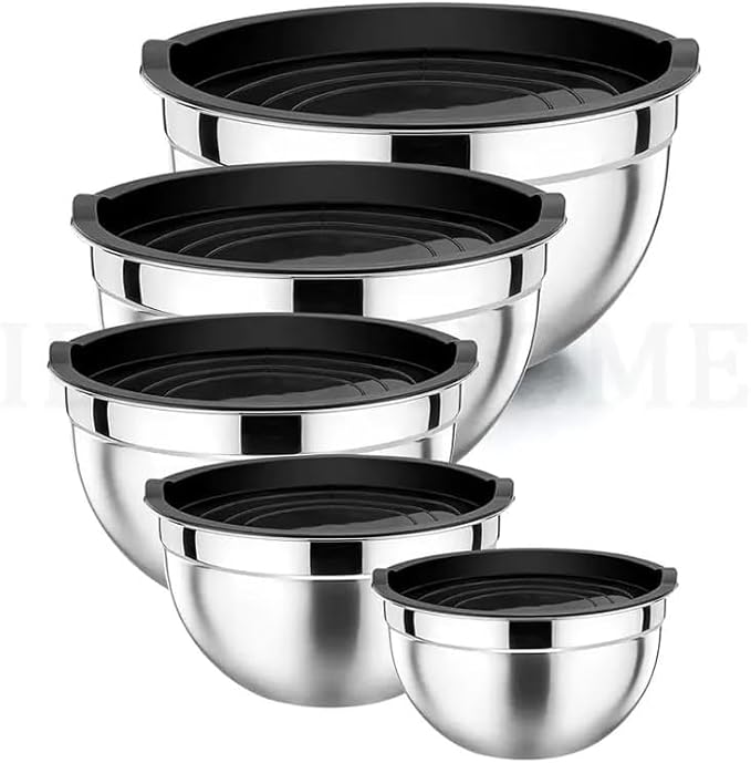 Set of 5 Stainless Steel Mixing Bowls with Plastic Lids – Nesting Design for Space-Saving Storage, Ideal for Cooking, Baking, and Food Storage