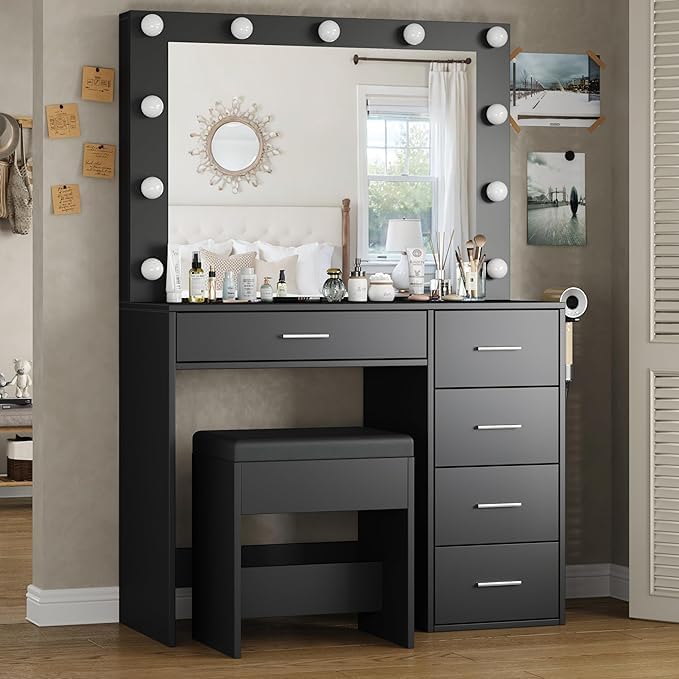 Vanity Desk with Power Outlet, 37''W Make Up Vanity with Lighting Mirror, 3 Lighting Modes Adjustable, 5 Drawers Dressing Table for Bedroom, Dressing Room, Live Broadcast Room, Black