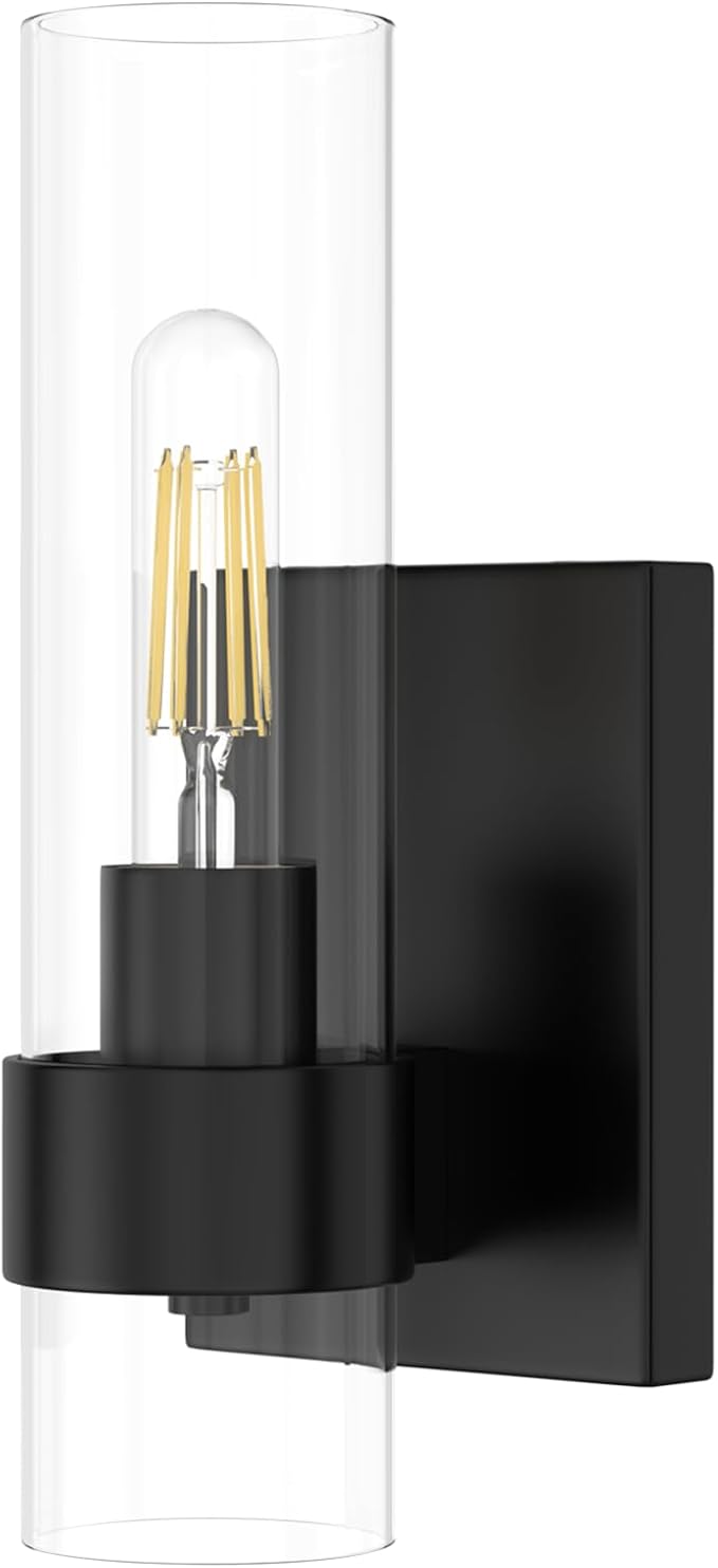 Zevluck 1-Light Wall Sconce, Matte Black Bathroom Vanity Light with Cylinder Clear Glass, Modern Hardwired Vanity Wall Lamps for Bathroom, Bedroom, Living Room, Stairs, Hallway