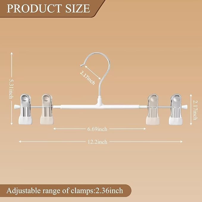 Pants Hangers with Clips 10 Pack Adjustable Skirt Hangers for Women Non-Slip Trousers Hanger for Jeans Clothes Hangers for Pants Heavy Duty Space Saving Shorts Hangers,White,12Inch
