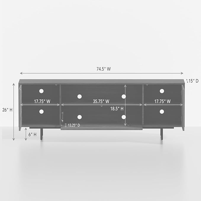Norrhaus 75-Inch Modern TV Stand – White Finish, 26-Inch Height, No Tools Assembly Technology, Storage Cabinets with Center Channel Speaker Shelf, Mid-Century Modern Design