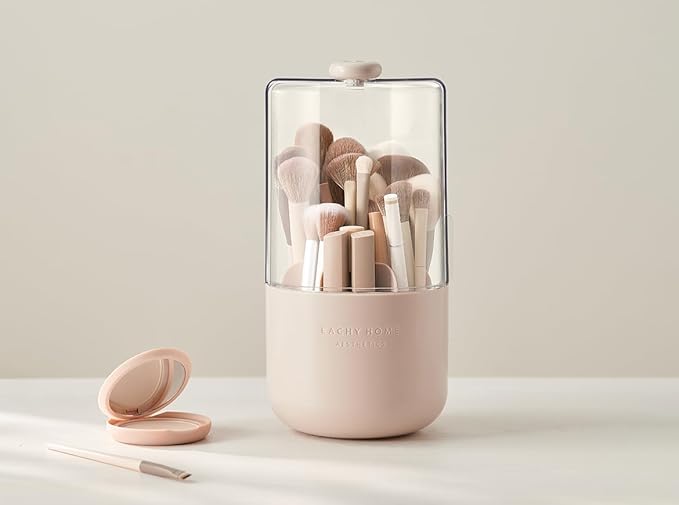 EACHY Makeup Brush Holder 360° Rotating with Dustproof Lid, Waterproof Material, 7 Compartments for Organized Storage, Stylish and Durable Design for Vanity (Pink)