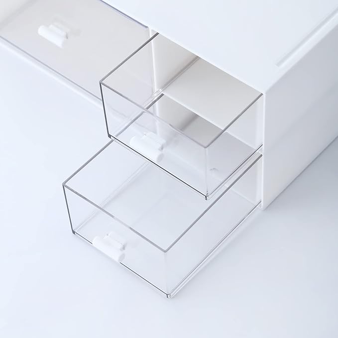 Desk Organizer with 4 Drawers, Makeup Organizer, Plastic Sundries Storage, Vanity Organizer, Cosmetic Storage Organizer, Desk Storage Box, Bathroom Counter or Dresser, White (CD-QBH-01)