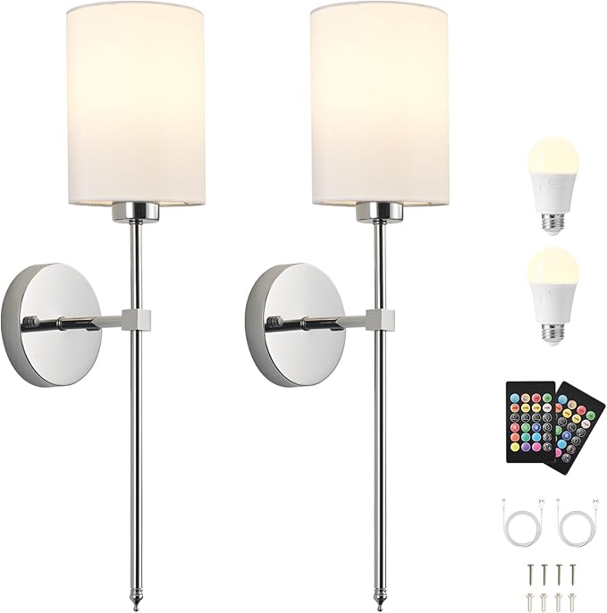 Battery Operated Wall Sconces Set of Two, with Remote Control, Dimmable, 4 Color Temperatures, RGB, Timer, Wireless Rechargeable Wall Light for Living Room, Bedroom, Fireplace, 23.6 Inch, Chrome