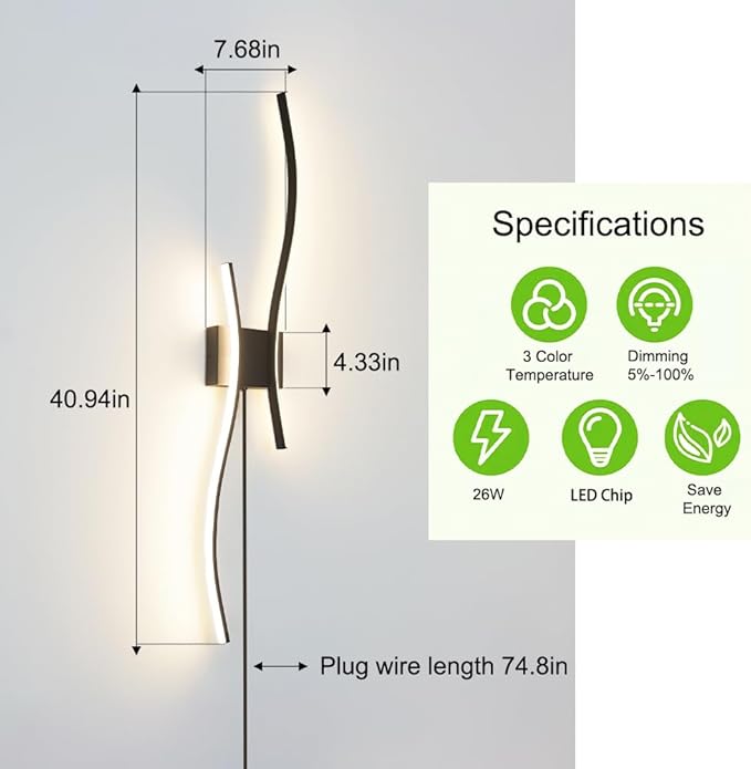 Modern Black Plug in Wall Sconces Set of 2 - Smart Dimmable LED Wall Lights with Remote, 3CCT Adjustable & Memory Function, Timer Setting - No Wiring Needed for Living Room, Bedroom, Hallway