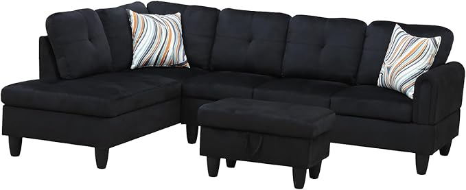 L-Shape 3-Piece Cloud Sofa, Couch for Living Room, BlackFlannel Fabric L-Shape with Reversible Chaise & Storage Ottoman, Ergonomic 110–115° Recline, Solid-Wood Frame