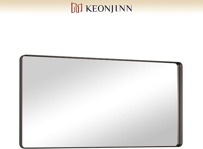 Keonjinn Black Bathroom Mirror for Over Sink, 48 x 24 Inch Large Rounded Rectangle Bathroom Vanity Mirror, Matte Black Farmhouse Wall Mirror, Tempered Glass, Seamless Aluminum Alloy Frame Full Mirror