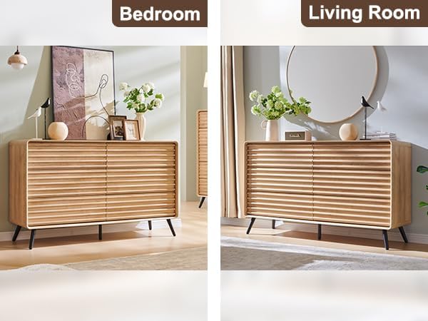 RedLemon 6 Drawers Dresser for Bedroom, 54'' Wide Mid Century Modern Wood Fluted Double Dresser, Chest of Drawers with Tapered Leg for Bedroom, Living Room, Hallway, Closet, Natural Oak