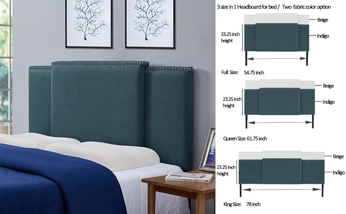 Ball&Cast Bed Upholstered Fabric Upholstered Rectangle Design Full/Queen/King Size 3 in 1,Heights from 37 to 49 inch Adjustable Indigo Set of 1