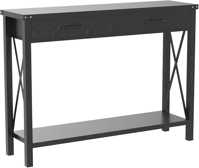 Klaesio 31-inch Side Table Suitable for Entrances, Hallways, and Living Rooms Two-Tier Narrow Sofa Side Table Industrial-Style Entrance Table with Drawers and Open Storage Shelves - Black