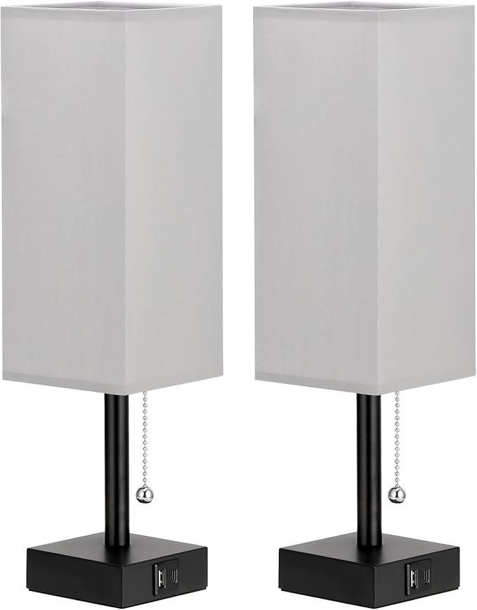 Bedside Table Lamps Set of 2 - Grey Bedroom Lamps with 3 Color Temperatures (3000K/5000K/4000K), Two Square Nightstand Lamps with USB C + A Charging Ports, Pull Chain Small Night Light for End Table