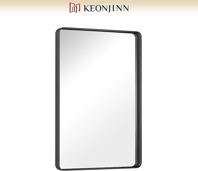 Keonjinn Black Bathroom Mirror for Vanity 24 x 36 Inch Metal Framed Wall Mirror Matte Black Rounded Rectangle Farmhouse Mirror, HD Tempered Glass, Wall-Mounted Decorative Mirror(Horizontal/Vertical)