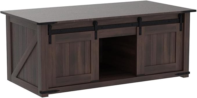 48" Lift Top Coffee Table, Farmhouse Cocktai with Sliding Groove Barn Door, Rustic Wood Center Table w/Double Storage Spaces for Living Room, Brown