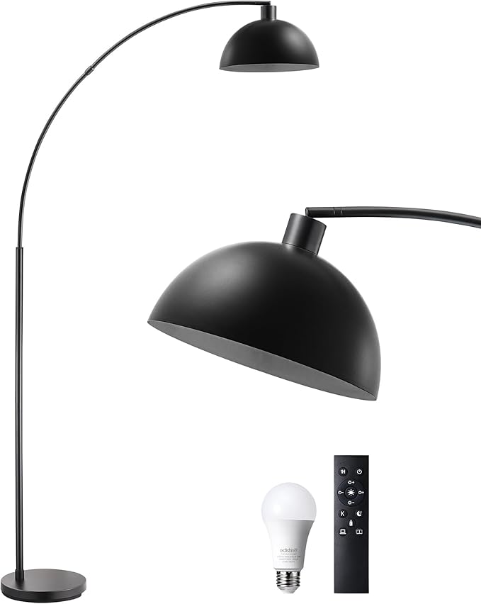 EDISHINE Modern Arc Floor Lamp, 78.3" Mid Century Reading Lamps Over Chair with Remote & Foot Switch, Rotatable Lamp Head, Metal Floor Lamp for Bedroom, Office, Living Room, Dining Room, Black
