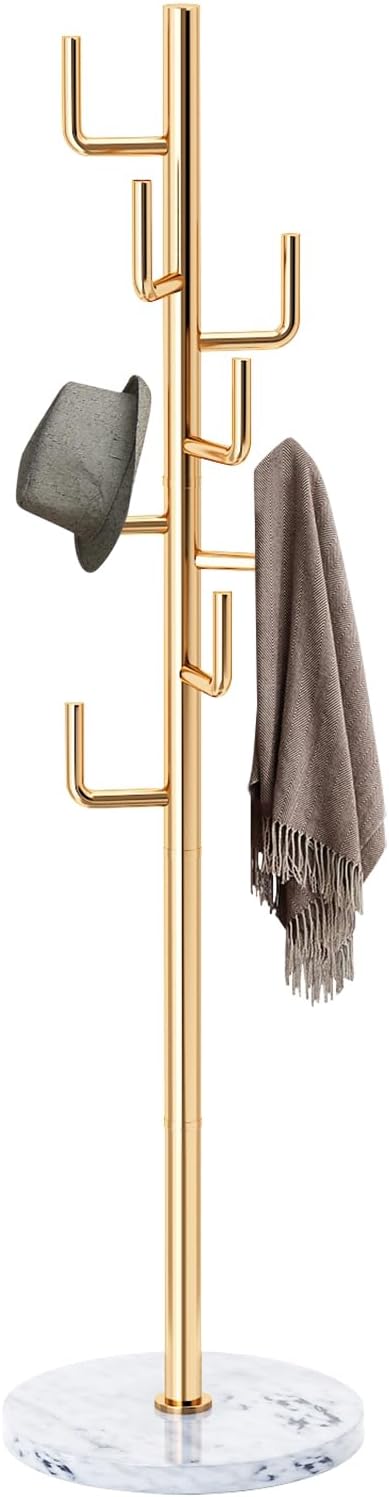ZOZOE Metal Modern Coat Racks, Cactus Coat Rack Freestanding with Natural Marble Base, Golden Coat Rack Stand with 8 Hooks, Coat Tree Hanger Stand for Bags, Hats, Entryway, Office