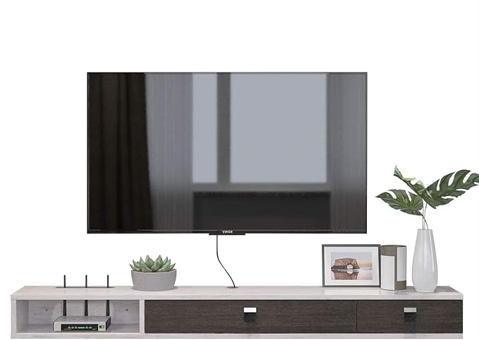 Pmnianhua Floating TV Shelf, 55'' Wall Mounted Floating TV Stand Unit Media Console Wall TV Console Cabinet Media Entertainment Shelf with 2 Doors for TVs up to 60 inch (Greyish-White)