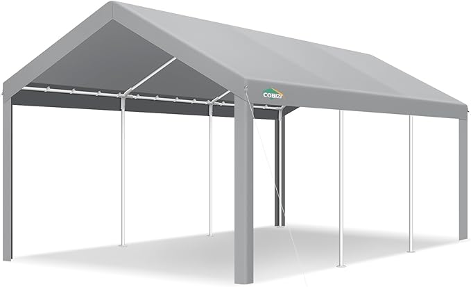 COBIZI Carports 10x20 Heavy Duty Car Tent Garage, Galvanized Frame Car Canopy Outdoor Shelter Waterproof & UV Protected with Windproof Ropes & Built-in Sandbags for Car Truck Boat, Gray