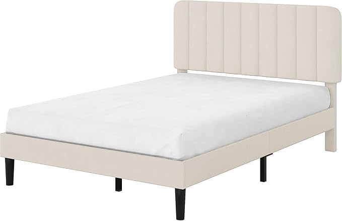 VECELO Full Size Bed Frame with Upholstered Headboard, Velvet Platform Bedframe Mattress Foundation, Strong Wood Slat Support, No Box Spring Needed,Velvet Beige