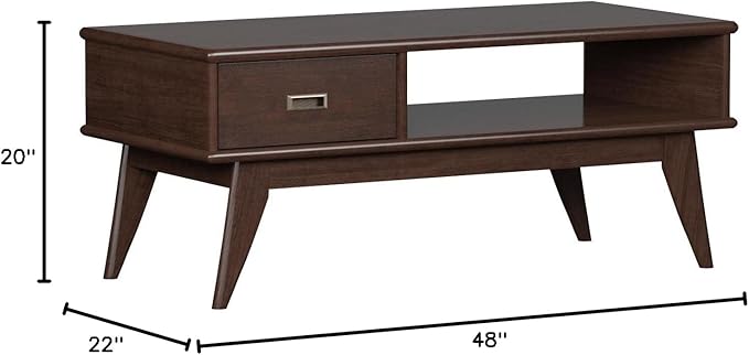 SIMPLIHOME Draper SOLID HARDWOOD 48 inch Wide Rectangle Mid Century Modern Coffee Table in Medium Auburn Brown for the Living Room and Family Room