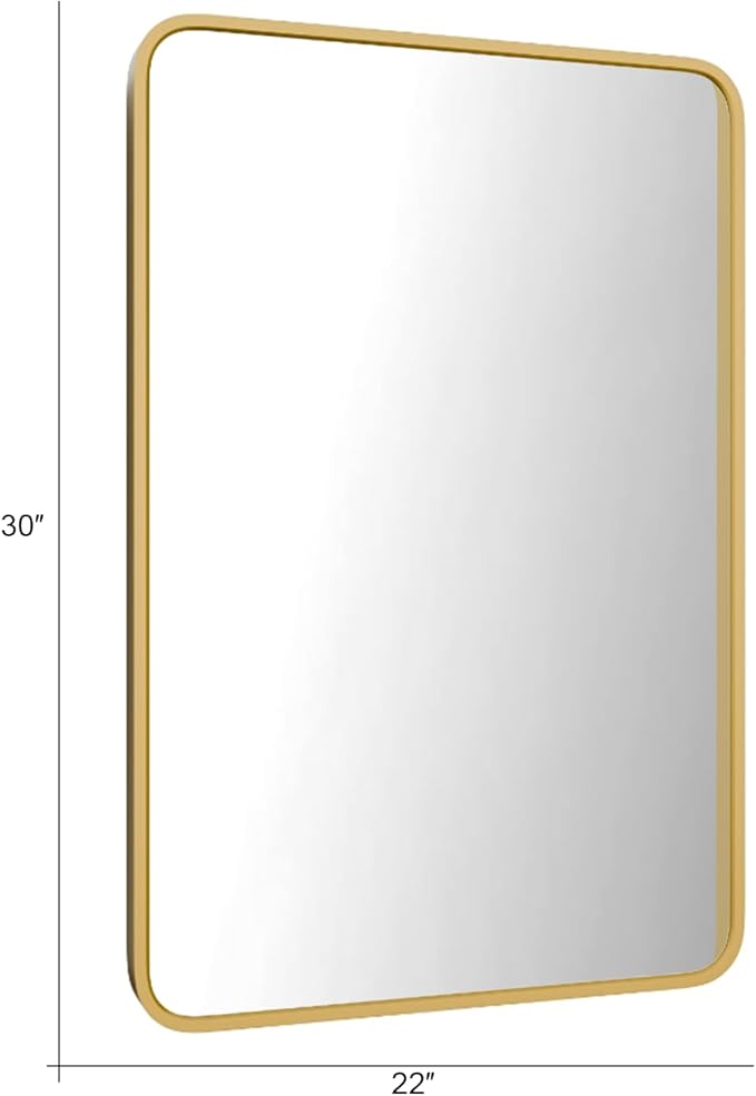 Bathroom Mirror 30" X 22" Wall Mount Dresser Metal Frame Rounded Rectangular Mirror Over Sink Vanity Hungs Horizontally Or Vertically for Bedroom, Entryway, Living Room,Gold